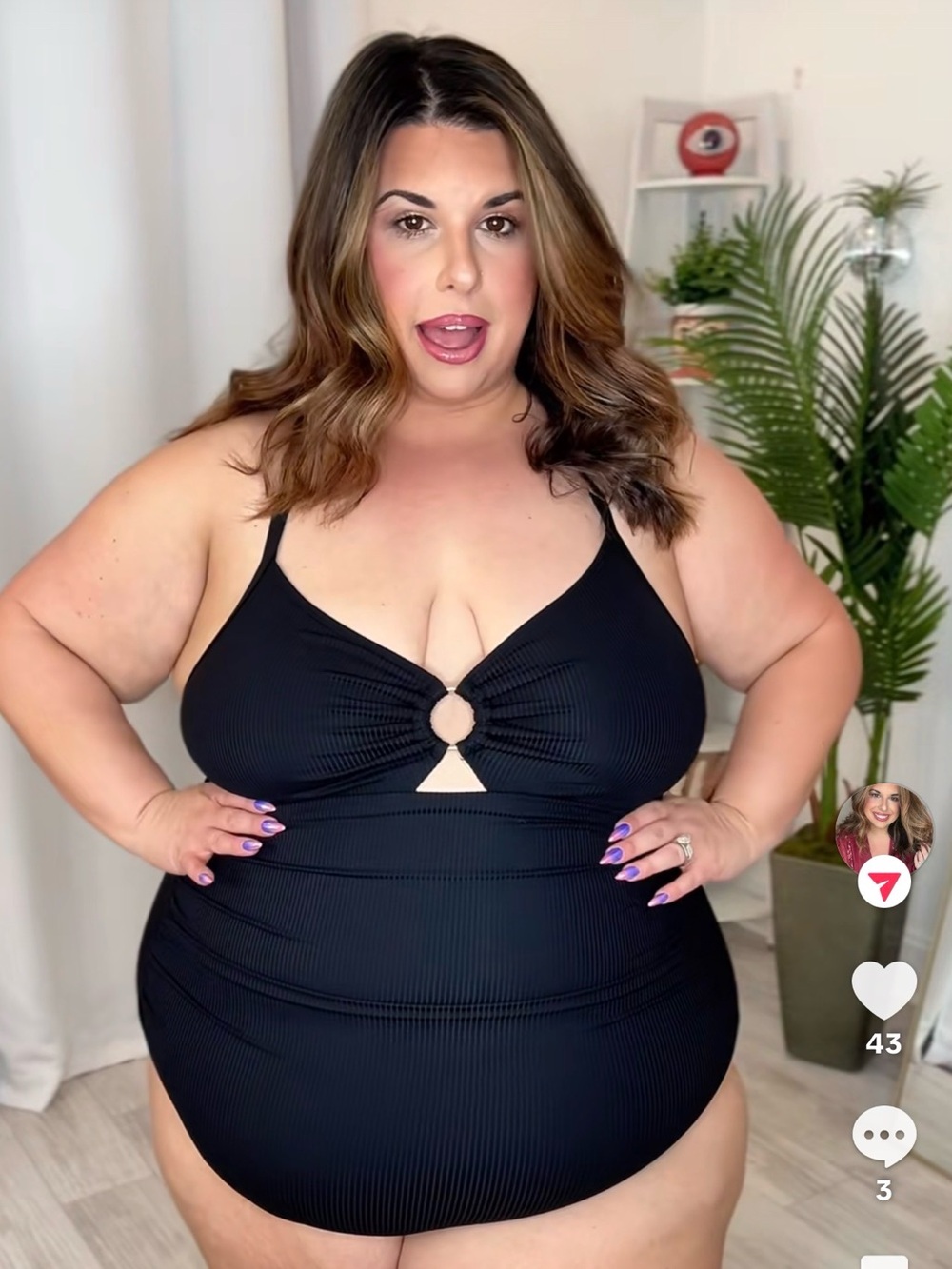 Plus Size Black One-Piece Swim Suit with Front Ring Detail